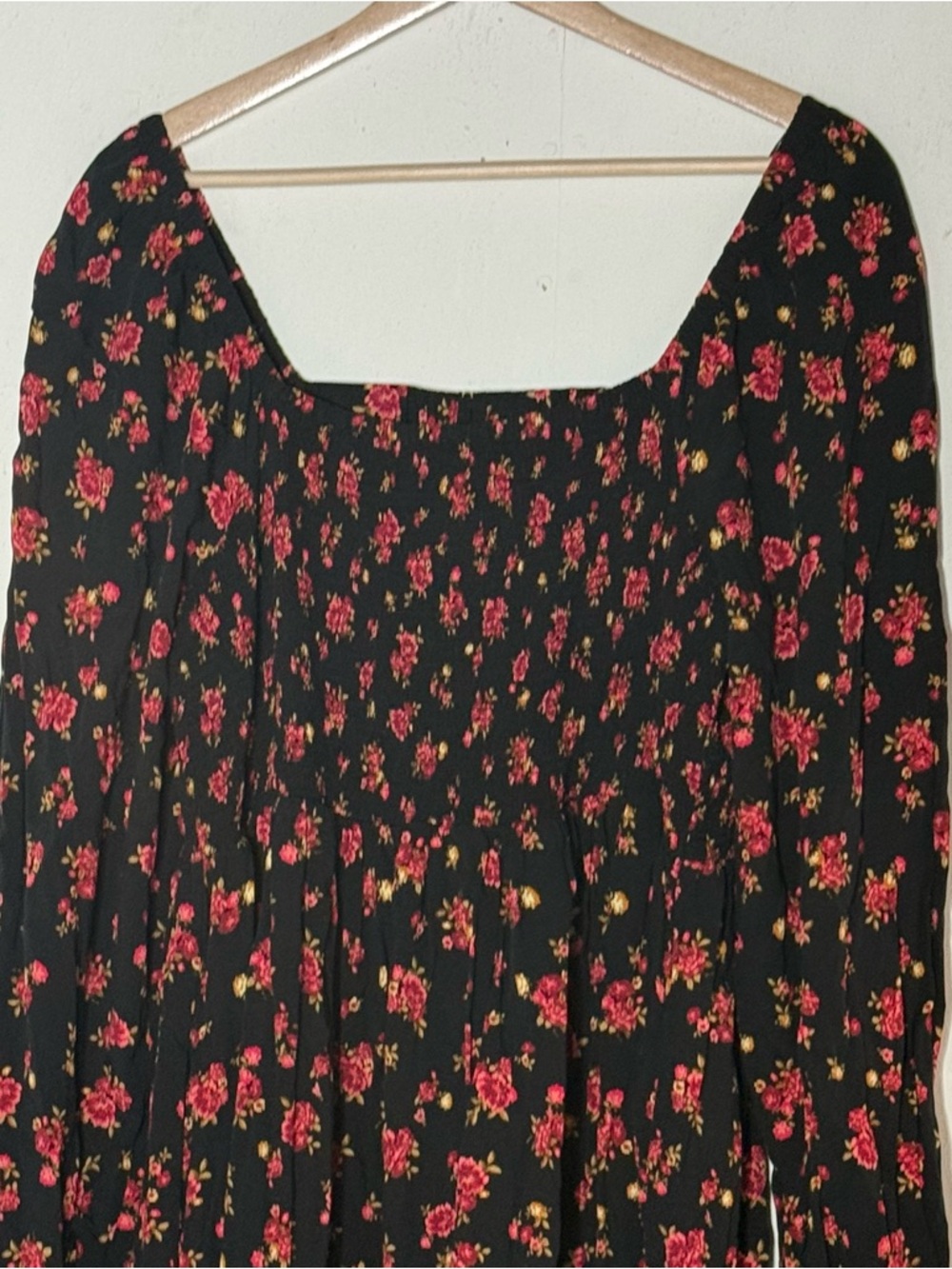 Old Navy Floral Smocked Long Puff Sleeve Square neck Dress Size XL Black Red - Picture 6 of 13